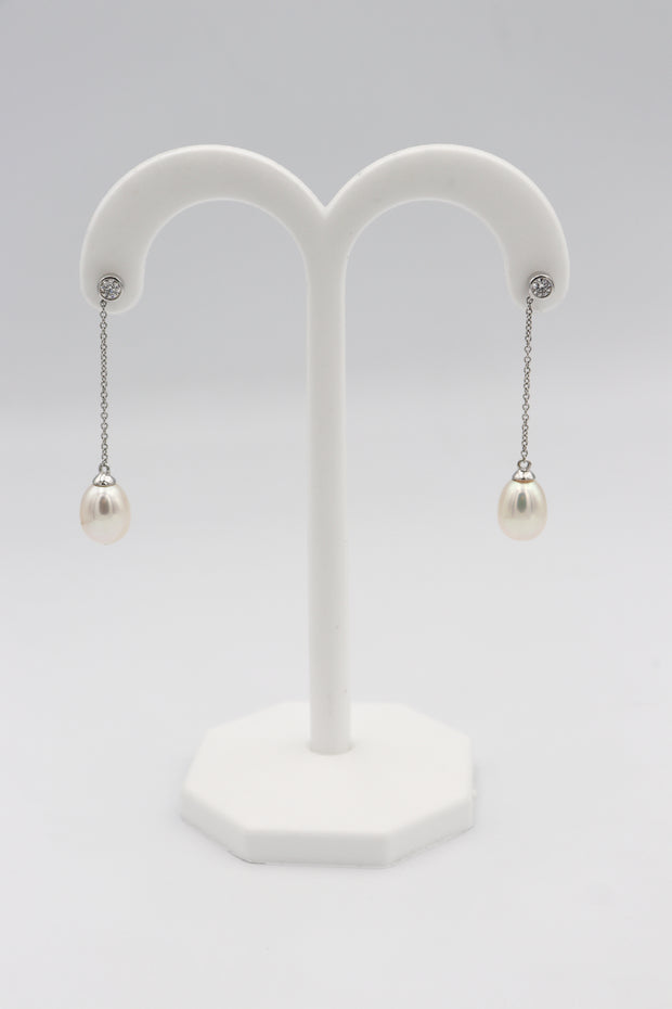 14Karat White Gold Cultured Pearl and Diamond Earrings