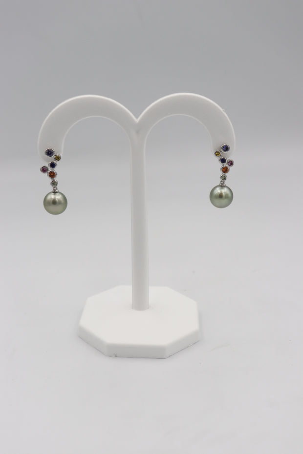 14Karat White Gold Tahitian Pearl Earrings With Multi Colored Sapphires