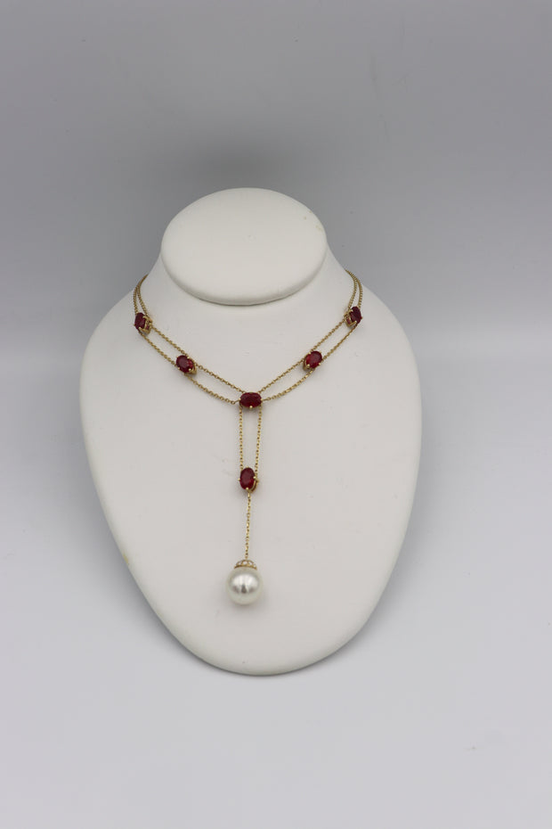 14Karat Yellow Gold Ruby, Diamond, and Pearl Pendant