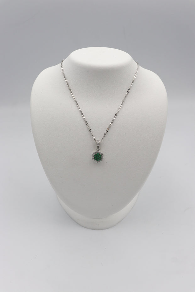 14Karat White Gold Emerald and Diamond Cluster Necklace