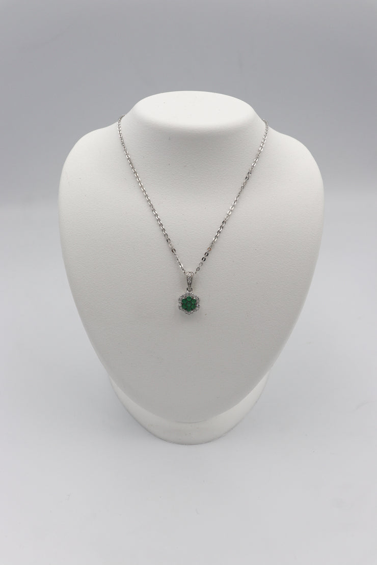 14Karat White Gold Emerald and Diamond Cluster Necklace