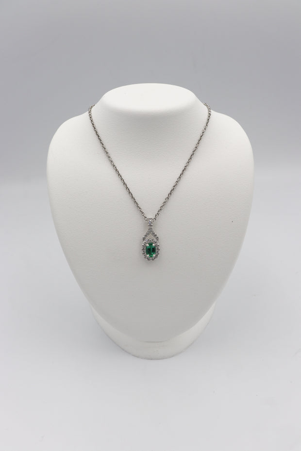 14Karat White Gold Emerald and Diamond Twisted Pendant