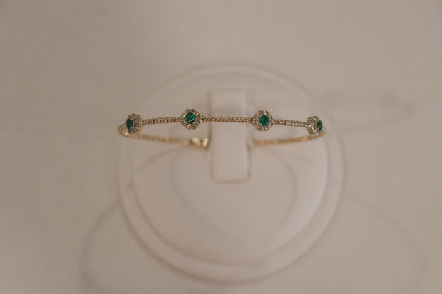 14Karat Yellow Gold Emerald and Diamond Flower Bangle Bracelet