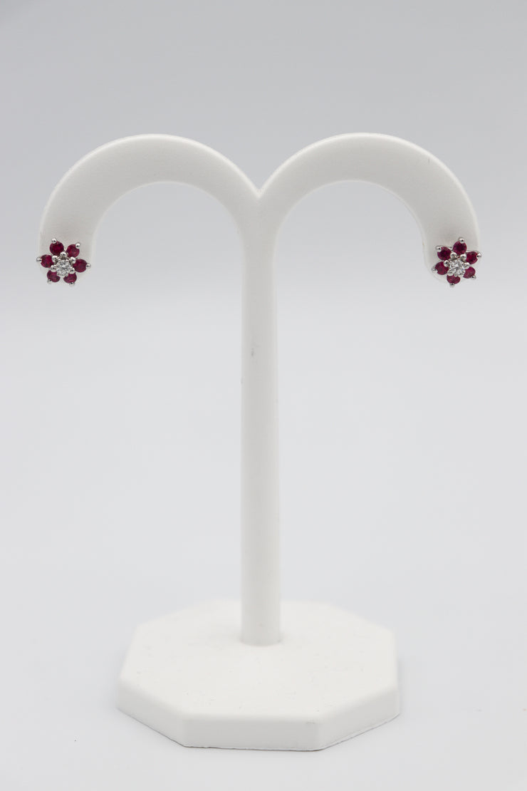 14Karat Ruby and Diamond Flower Shaped Earrings