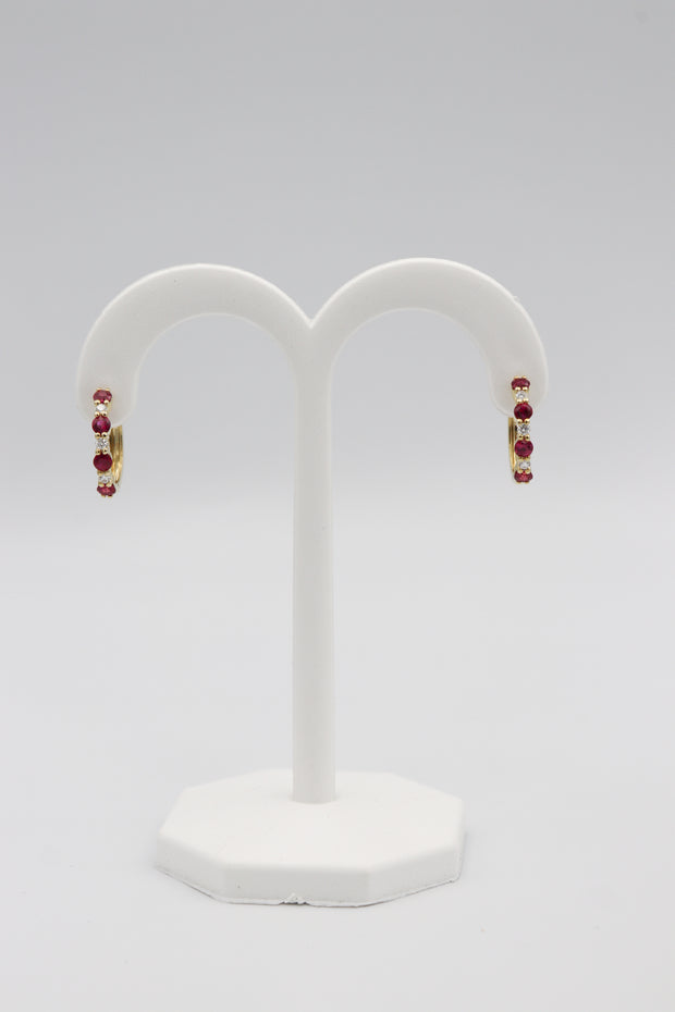 18Karat Yellow Gold Ruby and Diamond Hoop Earrings