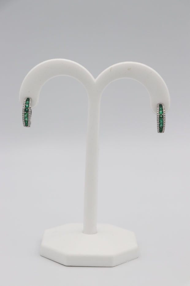 14Karat White Gold Emerald and Diamond Hoop Earrings