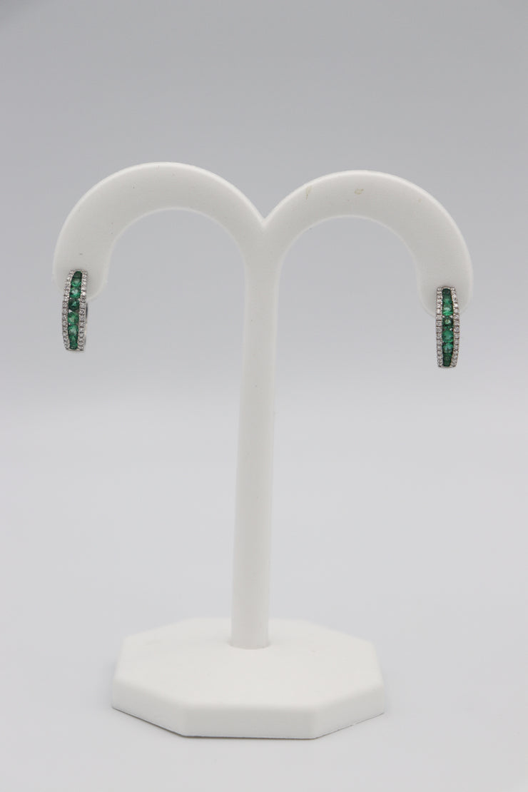 14Karat White Gold Emerald and Diamond Hoop Earrings